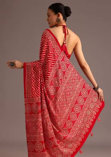 Red Chevron Printed Satin Saree