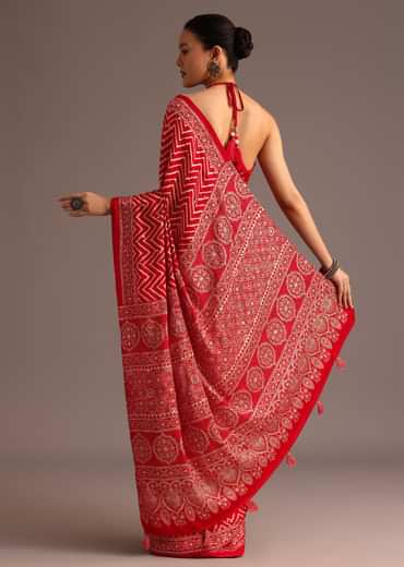 Red Chevron Printed Satin Saree