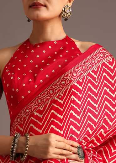 Red Chevron Printed Satin Saree