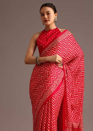 Red Chevron Printed Satin Saree