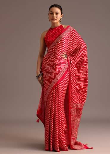 Red Chevron Printed Satin Saree