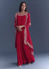 Red Chinon Anarkali Suit With Cutdana And Sequins Embroidery