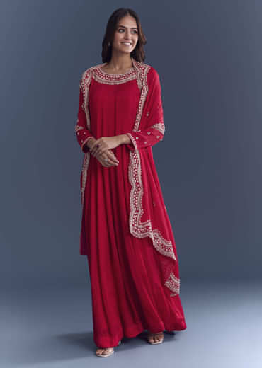 Red Chinon Anarkali Suit With Cutdana And Sequins Embroidery