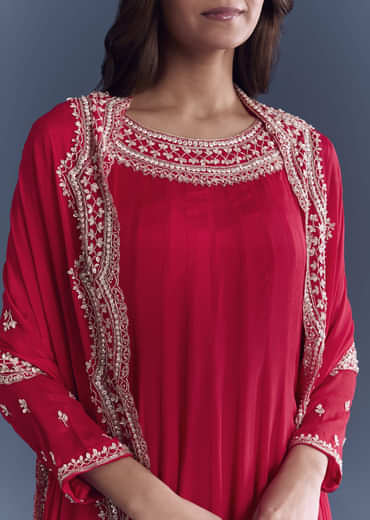 Red Chinon Anarkali Suit With Cutdana And Sequins Embroidery