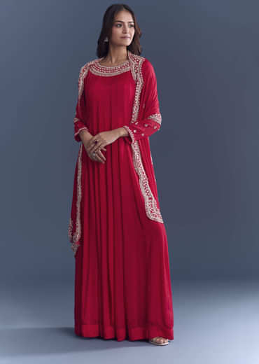 Red Chinon Anarkali Suit With Cutdana And Sequins Embroidery