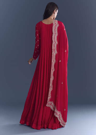 Red Chinon Anarkali Suit With Cutdana And Sequins Embroidery