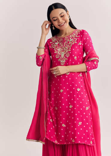 Pink Chinon Asymmetrical Kurta Palazzo Suit With Embroidery