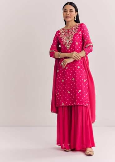 Pink Chinon Asymmetrical Kurta Sharara Suit With Embroidery