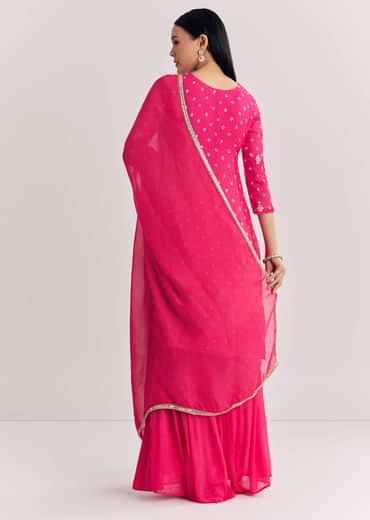 Pink Chinon Asymmetrical Kurta Sharara Suit With Embroidery