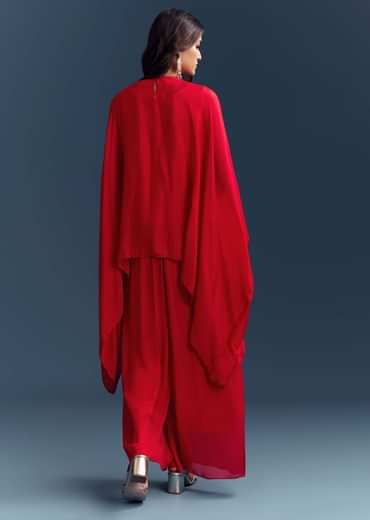 Red Chinon Cape Top And Palazzo Set With Zardosi Work