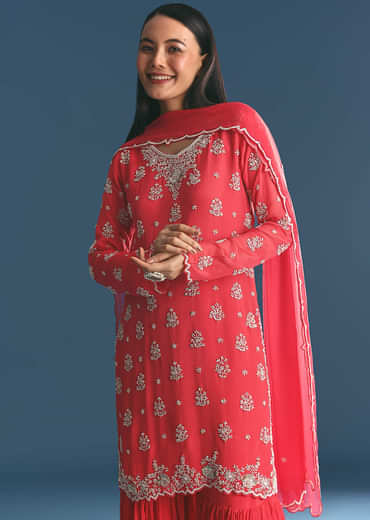 Red Chinon Kurta Sharara Suit With Moti And Cutdana Work