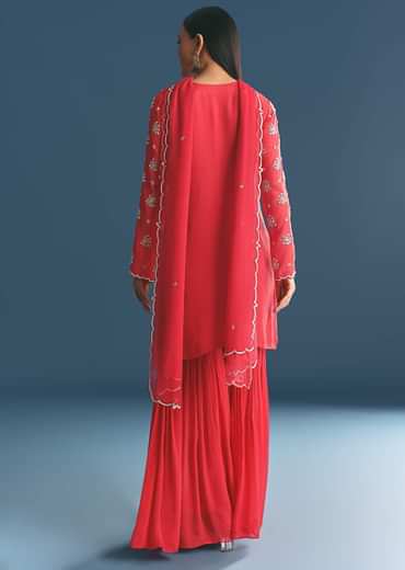Red Chinon Kurta Sharara Suit With Moti And Cutdana Work