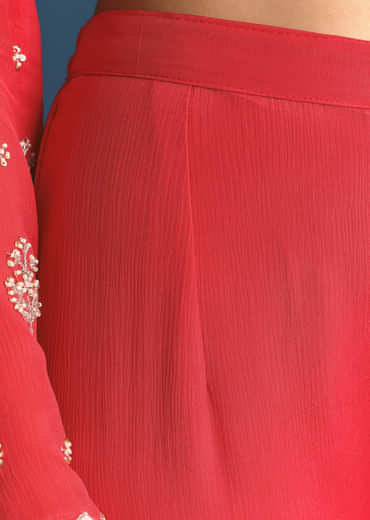 Red Chinon Kurta Sharara Suit With Moti And Cutdana Work