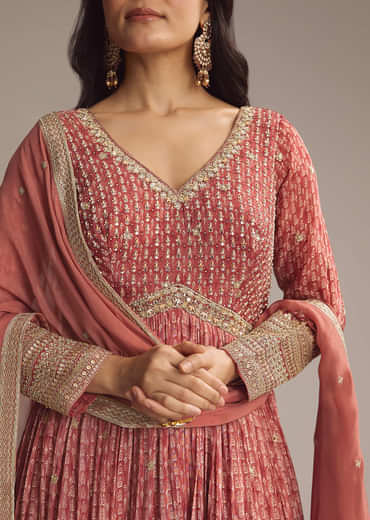 Red Chinon Printed Anarkali Suit With Heavy Embroidery