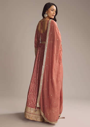 Red Chinon Printed Anarkali Suit With Heavy Embroidery