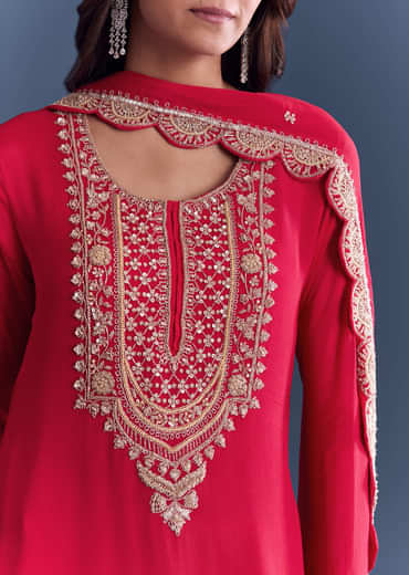 Red Chinon Sharara Suit With Cutdana And Sequins Embroidery