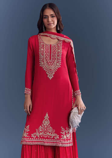 Red Chinon Sharara Suit With Cutdana And Sequins Embroidery