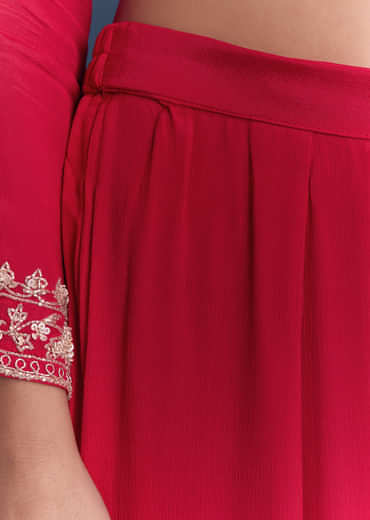 Red Chinon Sharara Suit With Cutdana And Sequins Embroidery