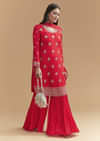 Red Chinon Sharara Suit With Intricate Cutdana Work