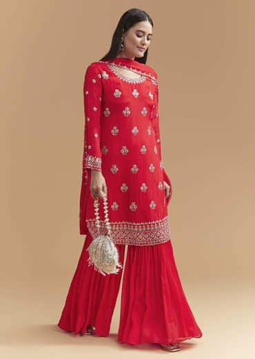 Red Chinon Sharara Suit With Intricate Cutdana Work