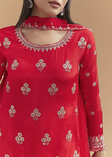 Red Chinon Sharara Suit With Intricate Cutdana Work