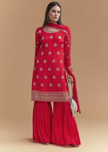 Red Chinon Sharara Suit With Intricate Cutdana Work
