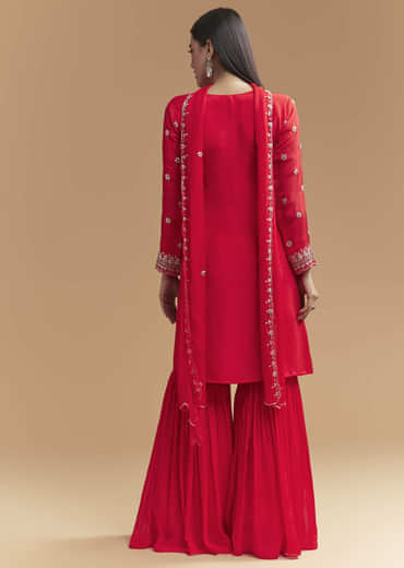 Red Chinon Sharara Suit With Intricate Cutdana Work