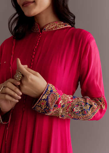Red Chinon Zardosi Anarkali Suit With Cutdana Dupatta