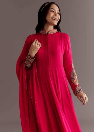 Red Chinon Zardosi Anarkali Suit With Cutdana Dupatta