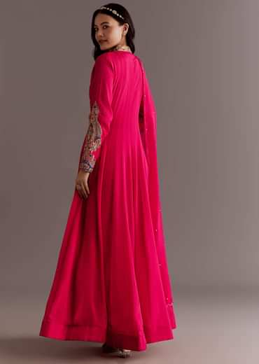 Red Chinon Zardosi Anarkali Suit With Cutdana Dupatta