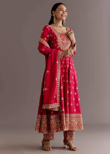 Red Chinon Zari Sequin Anarkali Suit With Dupatta