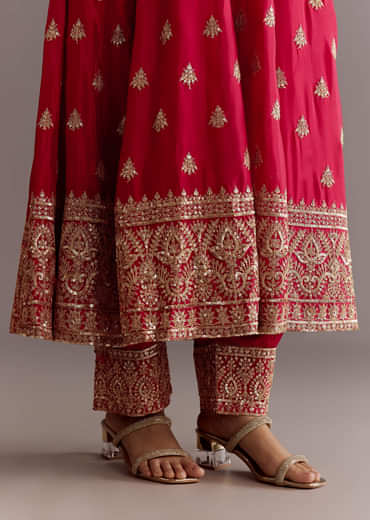 Red Chinon Zari Sequin Anarkali Suit With Dupatta