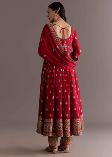 Red Chinon Zari Sequin Anarkali Suit With Dupatta