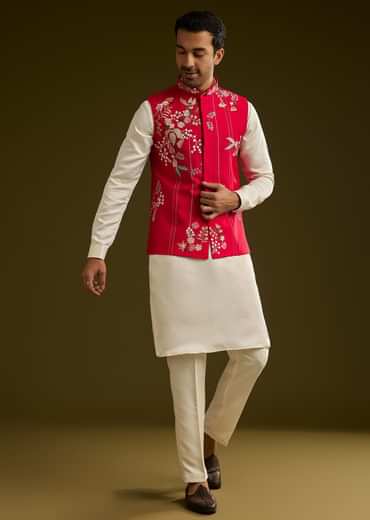 Red Cotton Silk Kurta Set With Nature Motif Jacket