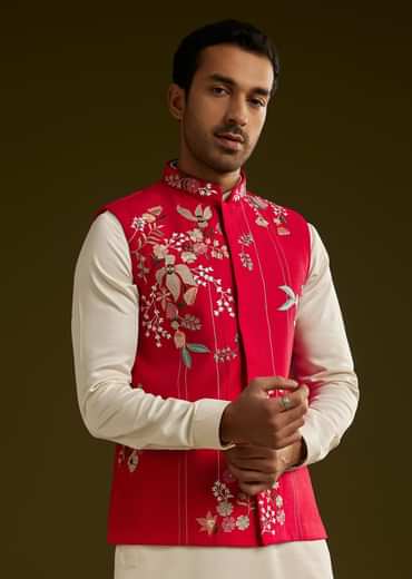 Red Cotton Silk Kurta Set With Nature Motif Jacket