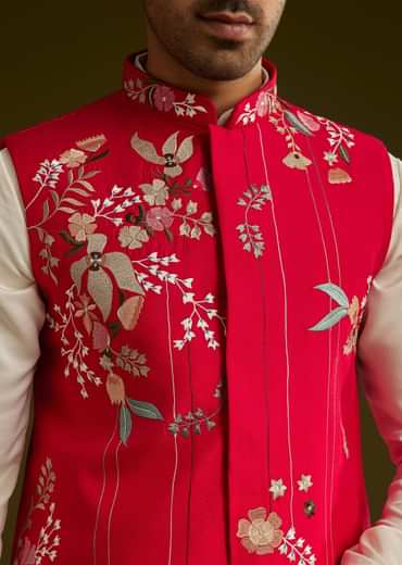 Red Cotton Silk Kurta Set With Nature Motif Jacket