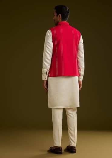 Red Cotton Silk Kurta Set With Nature Motif Jacket