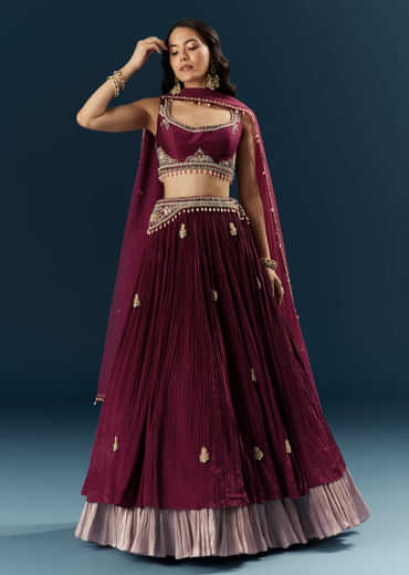 Red Crepe Bridesmaid Lehenga With Sequins And Moti Embroidery