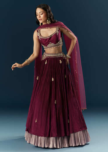 Red Crepe Bridesmaid Lehenga With Sequins And Moti Embroidery