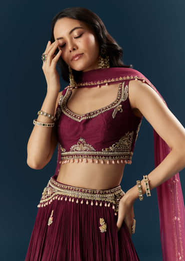 Red Crepe Bridesmaid Lehenga With Sequins And Moti Embroidery