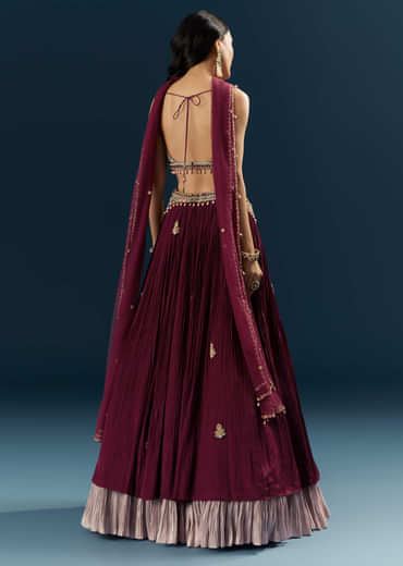 Red Crepe Bridesmaid Lehenga With Sequins And Moti Embroidery