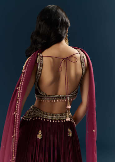 Red Crepe Bridesmaid Lehenga With Sequins And Moti Embroidery