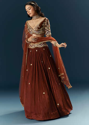 Red Crepe Bridesmaid Lehenga With Sequins And Stone Embroidery