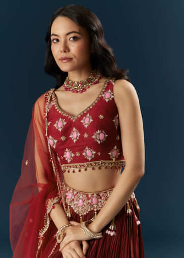Red Crepe Bridesmaid Lehenga With Stone Work