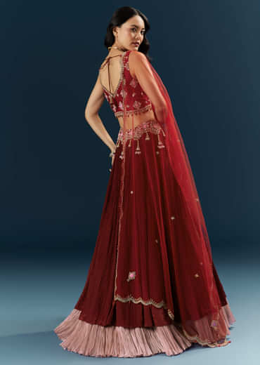 Red Crepe Bridesmaid Lehenga With Stone Work