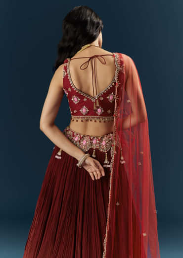 Red Crepe Bridesmaid Lehenga With Stone Work