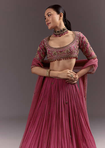 Red Crepe Lehenga Set With Hand Embroidery And Beads