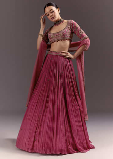 Red Crepe Lehenga Set With Hand Embroidery And Beads