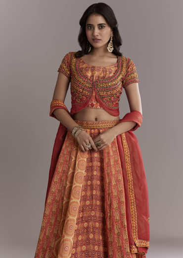 Red Crepe Printed Bridesmaid Lehenga With Intricate Hand Embroidery