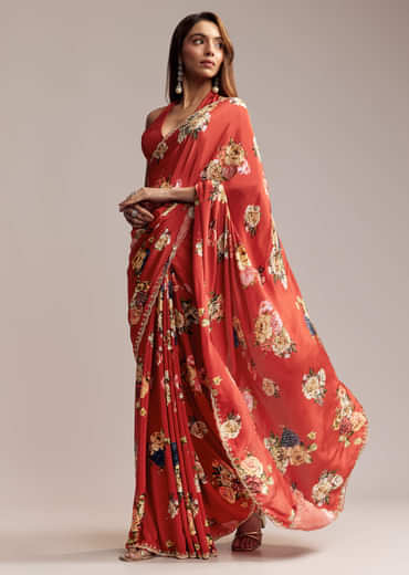 Red Crepe Saree With Floral Print  Cutdana Embroidery